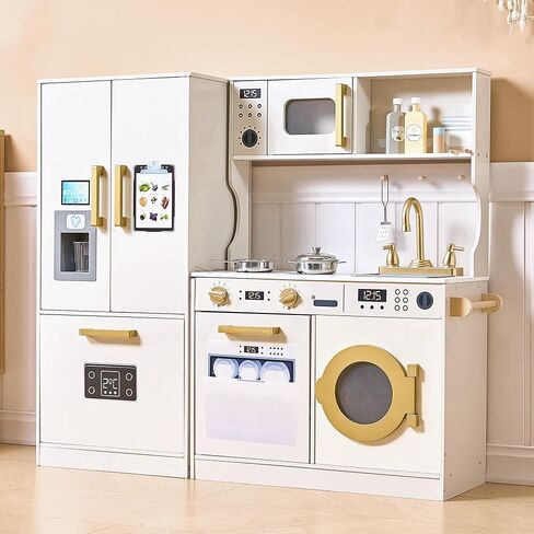 Kids Kitchen Playset with Realistic Design, Luxury Play Kitchen with Extended Storage Cabinets, Toy Kitchen for Toddlers with Coffee Counter, Cookware Accessories, Oven, Microwave (Soft White) in Saudi Arabia