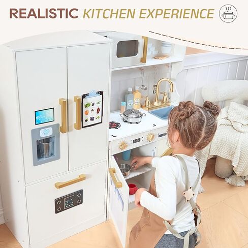 Kids Kitchen Playset with Realistic Design, Luxury Play Kitchen with Extended Storage Cabinets, Toy Kitchen for Toddlers with Coffee Counter, Cookware Accessories, Oven, Microwave (Soft White) in Saudi Arabia