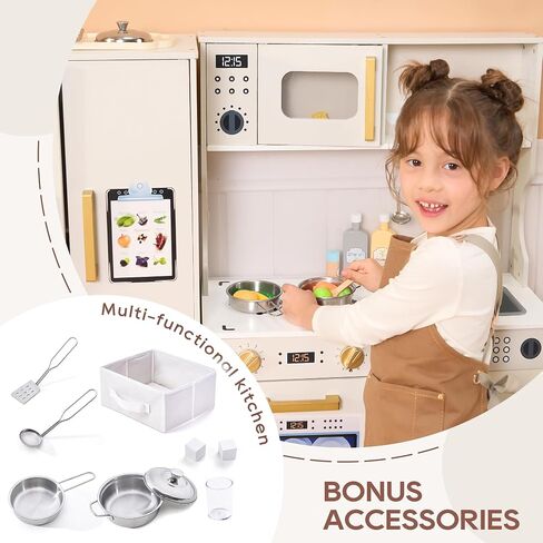 Kids Kitchen Playset with Realistic Design, Luxury Play Kitchen with Extended Storage Cabinets, Toy Kitchen for Toddlers with Coffee Counter, Cookware Accessories, Oven, Microwave (Soft White) in Saudi Arabia
