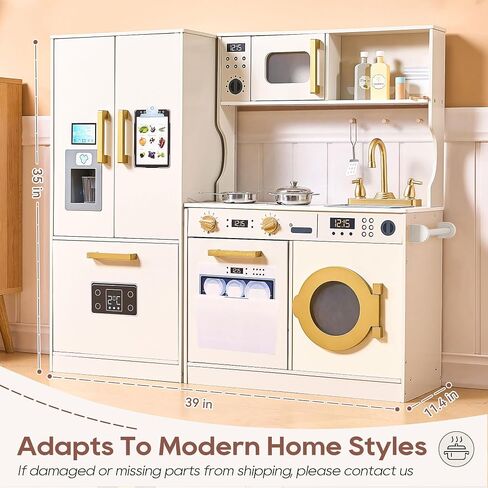 Kids Kitchen Playset with Realistic Design, Luxury Play Kitchen with Extended Storage Cabinets, Toy Kitchen for Toddlers with Coffee Counter, Cookware Accessories, Oven, Microwave (Soft White) in Saudi Arabia