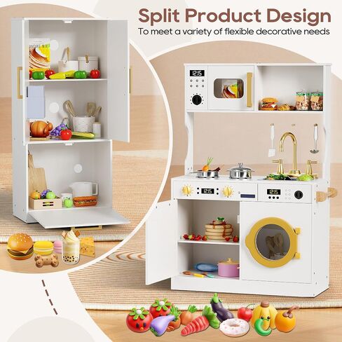 Kids Kitchen Playset with Realistic Design, Luxury Play Kitchen with Extended Storage Cabinets, Toy Kitchen for Toddlers with Coffee Counter, Cookware Accessories, Oven, Microwave (Soft White) in Saudi Arabia