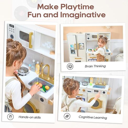 Kids Kitchen Playset with Realistic Design, Luxury Play Kitchen with Extended Storage Cabinets, Toy Kitchen for Toddlers with Coffee Counter, Cookware Accessories, Oven, Microwave (Soft White) in Saudi Arabia