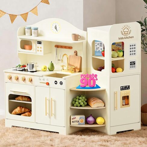 Kids Kitchen Playset with Realistic Design, Luxury Play Kitchen with Extended Storage Cabinets, Toy Kitchen for Toddlers with Coffee Counter, Cookware Accessories, Oven, Microwave (Soft White) in Kuwait