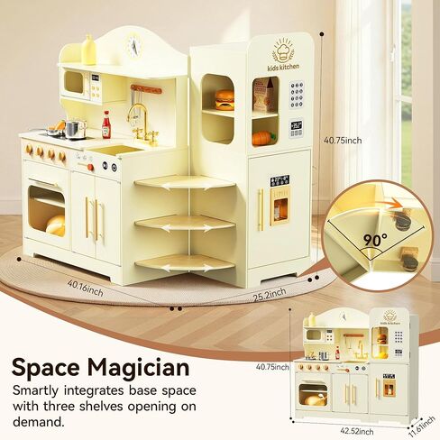 Kids Kitchen Playset with Realistic Design, Luxury Play Kitchen with Extended Storage Cabinets, Toy Kitchen for Toddlers with Coffee Counter, Cookware Accessories, Oven, Microwave (Soft White) in Kuwait