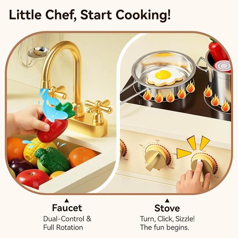 Kids Kitchen Playset with Realistic Design, Luxury Play Kitchen with Extended Storage Cabinets, Toy Kitchen for Toddlers with Coffee Counter, Cookware Accessories, Oven, Microwave (Soft White) in Kuwait