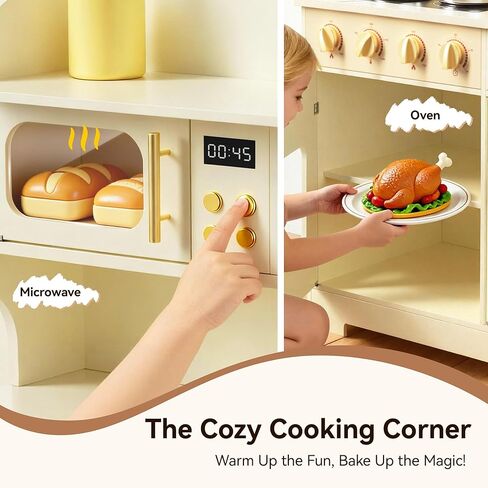 Kids Kitchen Playset with Realistic Design, Luxury Play Kitchen with Extended Storage Cabinets, Toy Kitchen for Toddlers with Coffee Counter, Cookware Accessories, Oven, Microwave (Soft White) in Kuwait