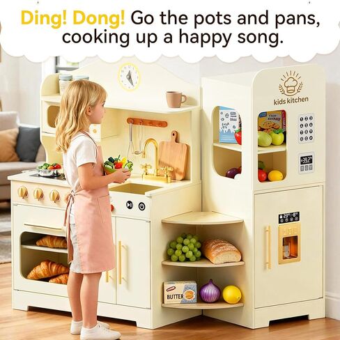 Kids Kitchen Playset with Realistic Design, Luxury Play Kitchen with Extended Storage Cabinets, Toy Kitchen for Toddlers with Coffee Counter, Cookware Accessories, Oven, Microwave (Soft White) in Kuwait