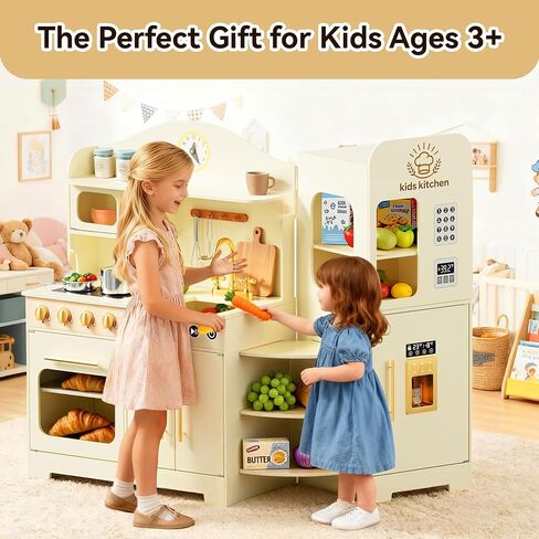 Kids Kitchen Playset with Realistic Design, Luxury Play Kitchen with Extended Storage Cabinets, Toy Kitchen for Toddlers with Coffee Counter, Cookware Accessories, Oven, Microwave (Soft White) in Kuwait