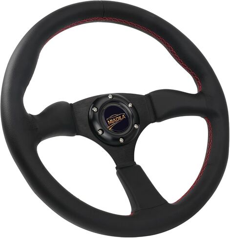 Universal 14 Inch Black Sports Racing Car 6 Bolts Genuine Leather Steering Wheel, Aluminum 3-spoke Steering Wheel with Horn Button in Saudi Arabia