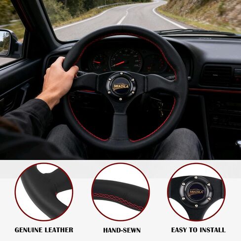 Universal 14 Inch Black Sports Racing Car 6 Bolts Genuine Leather Steering Wheel, Aluminum 3-spoke Steering Wheel with Horn Button in Saudi Arabia