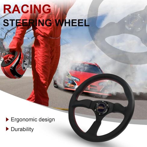 Universal 14 Inch Black Sports Racing Car 6 Bolts Genuine Leather Steering Wheel, Aluminum 3-spoke Steering Wheel with Horn Button in Saudi Arabia