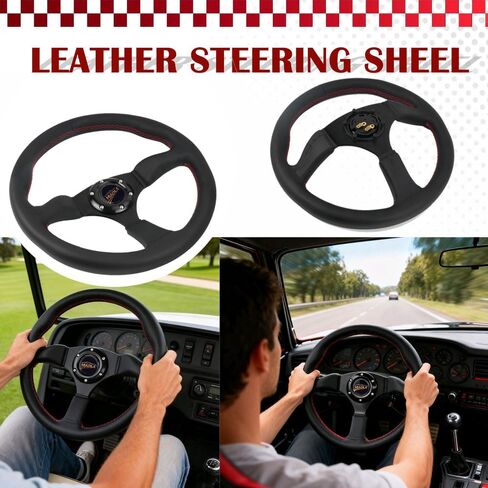Universal 14 Inch Black Sports Racing Car 6 Bolts Genuine Leather Steering Wheel, Aluminum 3-spoke Steering Wheel with Horn Button in Saudi Arabia