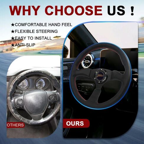 Universal 14 Inch Black Sports Racing Car 6 Bolts Genuine Leather Steering Wheel, Aluminum 3-spoke Steering Wheel with Horn Button in Saudi Arabia