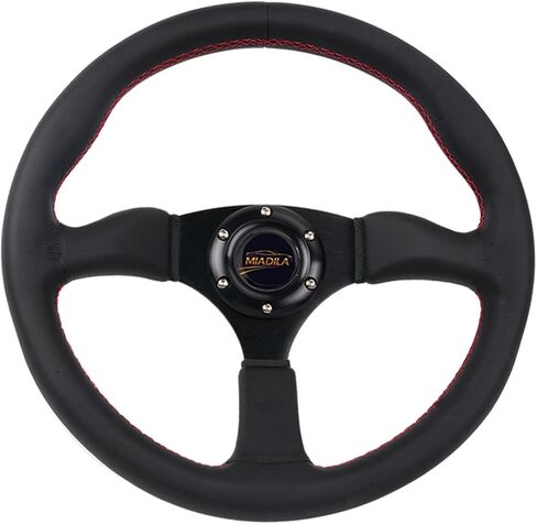 Universal 14 Inch Black Sports Racing Car 6 Bolts Genuine Leather Steering Wheel, Aluminum 3-spoke Steering Wheel with Horn Button in Saudi Arabia