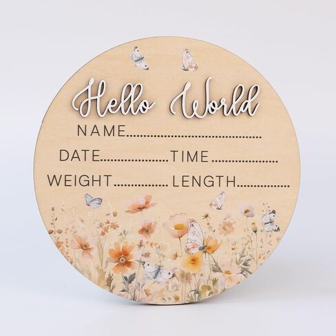 Butterfly Hello World Birth Announcement Sign ∣ Newborn Wildflower Photo Prop ∣ 6.5" Wooden Name Reveal Disc & Registry Gift in Saudi Arabia