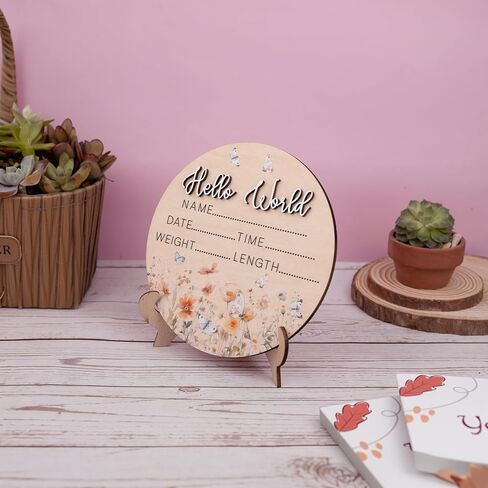 Butterfly Hello World Birth Announcement Sign ∣ Newborn Wildflower Photo Prop ∣ 6.5" Wooden Name Reveal Disc & Registry Gift in Saudi Arabia