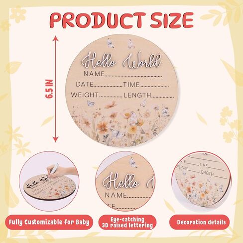 Butterfly Hello World Birth Announcement Sign ∣ Newborn Wildflower Photo Prop ∣ 6.5" Wooden Name Reveal Disc & Registry Gift in Saudi Arabia