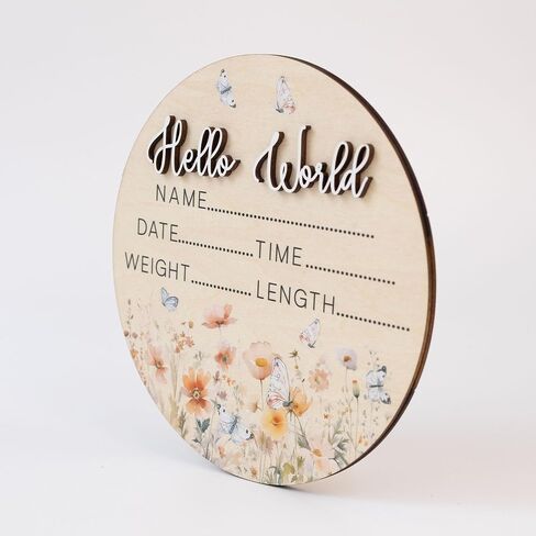 Butterfly Hello World Birth Announcement Sign ∣ Newborn Wildflower Photo Prop ∣ 6.5" Wooden Name Reveal Disc & Registry Gift in Saudi Arabia