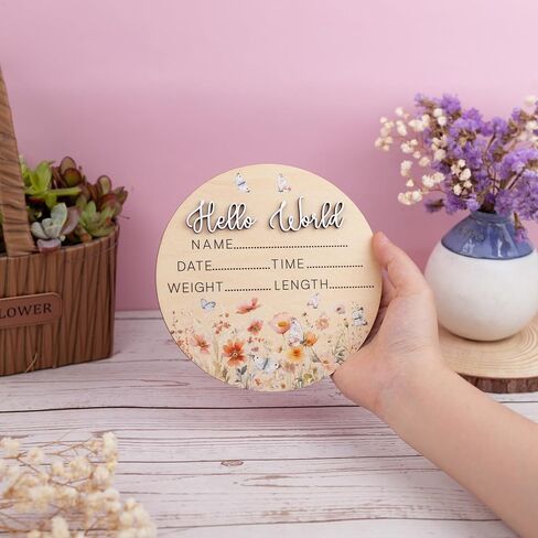 Butterfly Hello World Birth Announcement Sign ∣ Newborn Wildflower Photo Prop ∣ 6.5" Wooden Name Reveal Disc & Registry Gift in Saudi Arabia