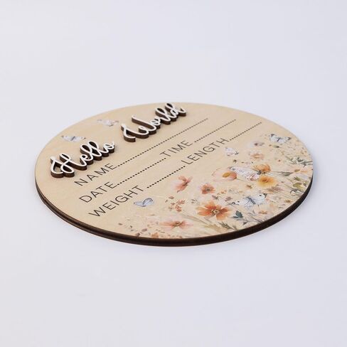 Butterfly Hello World Birth Announcement Sign ∣ Newborn Wildflower Photo Prop ∣ 6.5" Wooden Name Reveal Disc & Registry Gift in Saudi Arabia