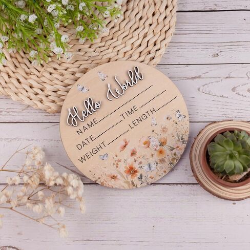 Butterfly Hello World Birth Announcement Sign ∣ Newborn Wildflower Photo Prop ∣ 6.5" Wooden Name Reveal Disc & Registry Gift in Saudi Arabia