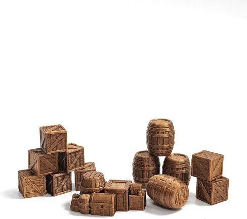 28mm 1:32 Scale Tabletop Terrain Set - 3D Printed Brown Wooden Scatter Props with Crates, Barrels, Treasure Chest & Kegs for Wargaming, RPG Diorama, Tavern & Dock Scenes (Brown) in Kuwait