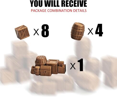 28mm 1:32 Scale Tabletop Terrain Set - 3D Printed Brown Wooden Scatter Props with Crates, Barrels, Treasure Chest & Kegs for Wargaming, RPG Diorama, Tavern & Dock Scenes (Brown) in Kuwait