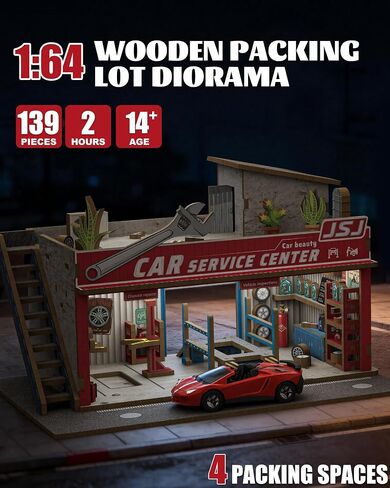 1/64 Wooden Diorama Display Case Garage with LED Lights (Gas Station) in Saudi Arabia