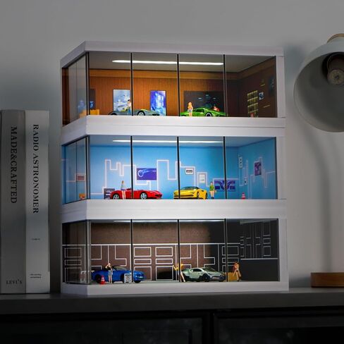 حافظة عرض نموذج سيارة دييكاست 1/64 مع مقاومة للغبار من الأكريليك الشفاف، مشهد صالة عرض المرآب مع الإضاءة، صندوق تخزين PVC قابل للتكديس لمقتنيات العجلات الساخنة منظم مواقف السيارات ديوراما (أسود) in Kuwait