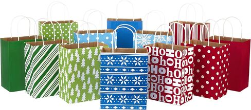 Hallmark 9" Medium Holiday Gift Bag Assortment (Pack of 12, Solids and Prints in Red, Green, Blue) Paper Gift Bags with Christmas Trees, Stripes, Polka Dots, Ho Ho Ho and More in Saudi Arabia