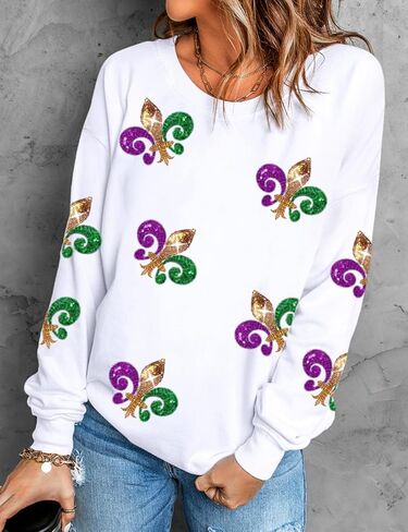 Women's White Sequin Carnival Graphic Sweatshirt Round Neck Long Sleeve Casual Print Holiday Tops in Kuwait