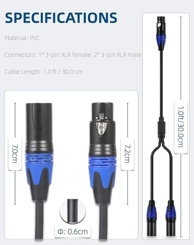 كابل مقسم أنثى إلى 2 ذكر من XLR، كابل ميكروفون XLR، كابل مقسم XLR Y 1 أنثى 2 ذكر، مقبس 3 دبابيس XLR إلى 2 سلك محول مقابس XLR، 1.6 قدم، أزرق in Saudi Arabia