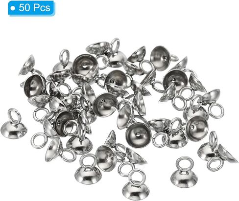 6mm Bead Caps, 50 Pcs Bead Cap Bail Pendant Bead End Caps Charm Ornament Caps with Loop Stainless Steel for Jewelry Making DIY Necklace Earrings Bracelet Pearl, Silvery in Saudi Arabia