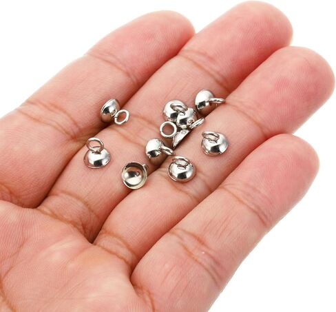 6mm Bead Caps, 50 Pcs Bead Cap Bail Pendant Bead End Caps Charm Ornament Caps with Loop Stainless Steel for Jewelry Making DIY Necklace Earrings Bracelet Pearl, Silvery in Saudi Arabia
