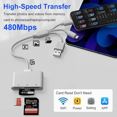 SD Card Reader for iPhone/iPad, Lightning+Type C+USB A Connector to SD/TF Card Adapter for SD SDHC SDXC/Micro SD, 4-in-1 Micro SD Card Reader and USB OTG Adapter Type C Charging for iPhone/Mac in Saudi Arabia