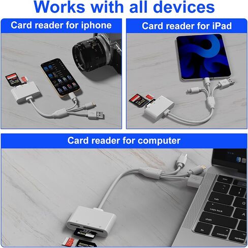 SD Card Reader for iPhone/iPad, Lightning+Type C+USB A Connector to SD/TF Card Adapter for SD SDHC SDXC/Micro SD, 4-in-1 Micro SD Card Reader and USB OTG Adapter Type C Charging for iPhone/Mac in Saudi Arabia