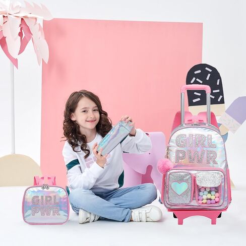 Rolling Backpack for Girls School Backpack with Wheels Kids Roller Backpack with Lunch Bag for Elementary School in Kuwait
