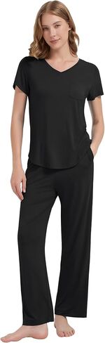 WiWi Women's Bamboo Viscose Pajamas Set Comfy Short Sleeve Pajama Sets with Pants Lightweight Loungewear Pjs S-XXL in Kuwait