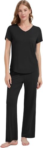 WiWi Women's Bamboo Viscose Pajamas Set Comfy Short Sleeve Pajama Sets with Pants Lightweight Loungewear Pjs S-XXL in Kuwait