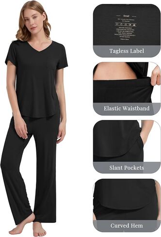 WiWi Women's Bamboo Viscose Pajamas Set Comfy Short Sleeve Pajama Sets with Pants Lightweight Loungewear Pjs S-XXL in Kuwait