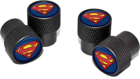 أغطية جذعية صمام الإطارات الخارقة من الألومنيوم المرخصة رسميًا من DC Comics Superman Black Knurling | مناسب عالمي للسيارات والدراجات والشاحنات والمركبات الترفيهية والدراجات النارية والمقطورات (عبوة من 4 قطع) in Kuwait