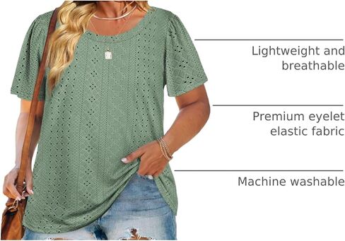 DOLNINE Womens-Plus-Size-Tops Casual Puff Short Sleeve Crewneck Eyelet Tunic Shirts XL-5XL in Kuwait
