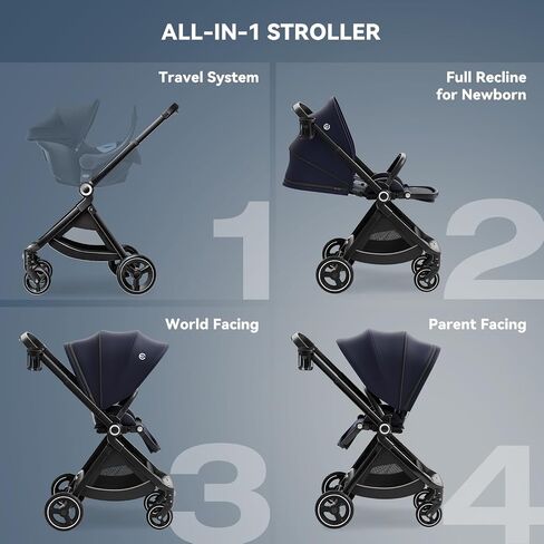 EMU Reversible Baby Stroller with Reversible Seat Full-Size Infant Stroller with Full Recline Cockpit Compact Foldable Pram Carriage for Outdoor City - Black in Saudi Arabia