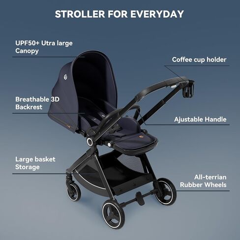 EMU Reversible Baby Stroller with Reversible Seat Full-Size Infant Stroller with Full Recline Cockpit Compact Foldable Pram Carriage for Outdoor City - Black in Saudi Arabia