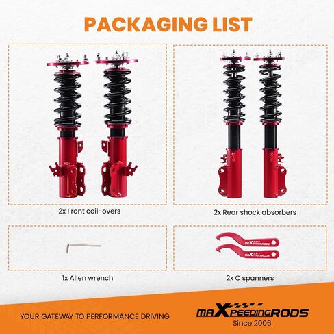 maxpeedingrods Coilovers لسيارة Toyota Camry 1992-2001، لسيارة Toyota Avalon 1995-2003، لسيارة Lexus ES300 1992-2001، مجموعة تعليق كويلوفيرز قابلة للتعديل بـ 24 مستوى، مجموعة خفض الارتفاع قابلة للتعديل باللون الأحمر in Kuwait