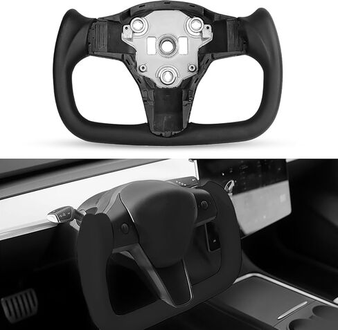 عجلة قيادة Tesla Yoke قابلة للتخصيص للطراز 3 2017-2023، الطراز Y 2019-2024 (جلد نابا، ألياف الكربون اللامعة باللون الأبيض) in Kuwait