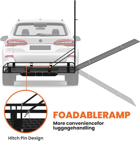حامل بضائع مقاس 50 × 28.3 × 5.1، سلة شحن من الألومنيوم بسعة 800 رطل مع منحدر قابل للطي، رف حامل الأمتعة يناسب جهاز استقبال وصلة 2 بوصة لسيارات الدفع الرباعي (الفولاذ المقاوم للصدأ باللون الأسود) in Kuwait