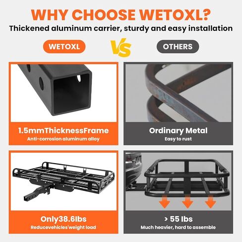 حامل بضائع مقاس 50 × 28.3 × 5.1، سلة شحن من الألومنيوم بسعة 800 رطل مع منحدر قابل للطي، رف حامل الأمتعة يناسب جهاز استقبال وصلة 2 بوصة لسيارات الدفع الرباعي (الفولاذ المقاوم للصدأ باللون الأسود) in Kuwait