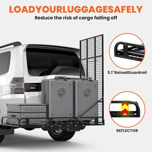 حامل بضائع مقاس 50 × 28.3 × 5.1، سلة شحن من الألومنيوم بسعة 800 رطل مع منحدر قابل للطي، رف حامل الأمتعة يناسب جهاز استقبال وصلة 2 بوصة لسيارات الدفع الرباعي (الفولاذ المقاوم للصدأ باللون الأسود) in Kuwait