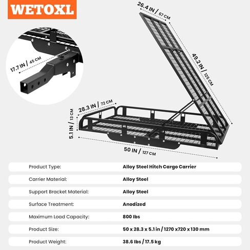 حامل بضائع مقاس 50 × 28.3 × 5.1، سلة شحن من الألومنيوم بسعة 800 رطل مع منحدر قابل للطي، رف حامل الأمتعة يناسب جهاز استقبال وصلة 2 بوصة لسيارات الدفع الرباعي (الفولاذ المقاوم للصدأ باللون الأسود) in Kuwait